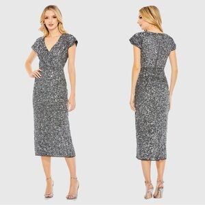 Mac Duggal 10766 Gray Sequined Cap Sleeve Wrap Over Cocktail Dress NWT Platinum